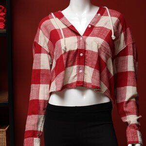 American Eagle Red Plaid Flannel Cropped Hoodie